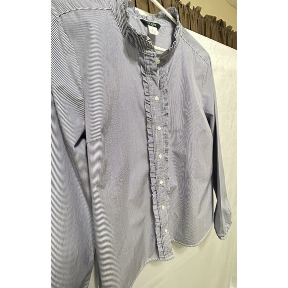J. Crew Womens XL Blue Striped Ruffle Neck & Ruffle Center 100% Cotton Shirt - Picture 6 of 9